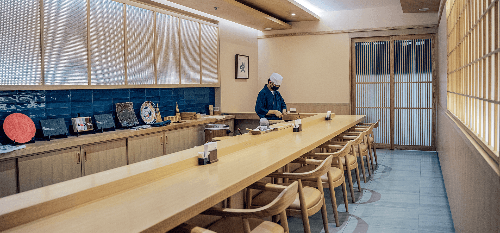 Eleven-seat hinoki sushi counter at Daimasu, Magallanes, Makati